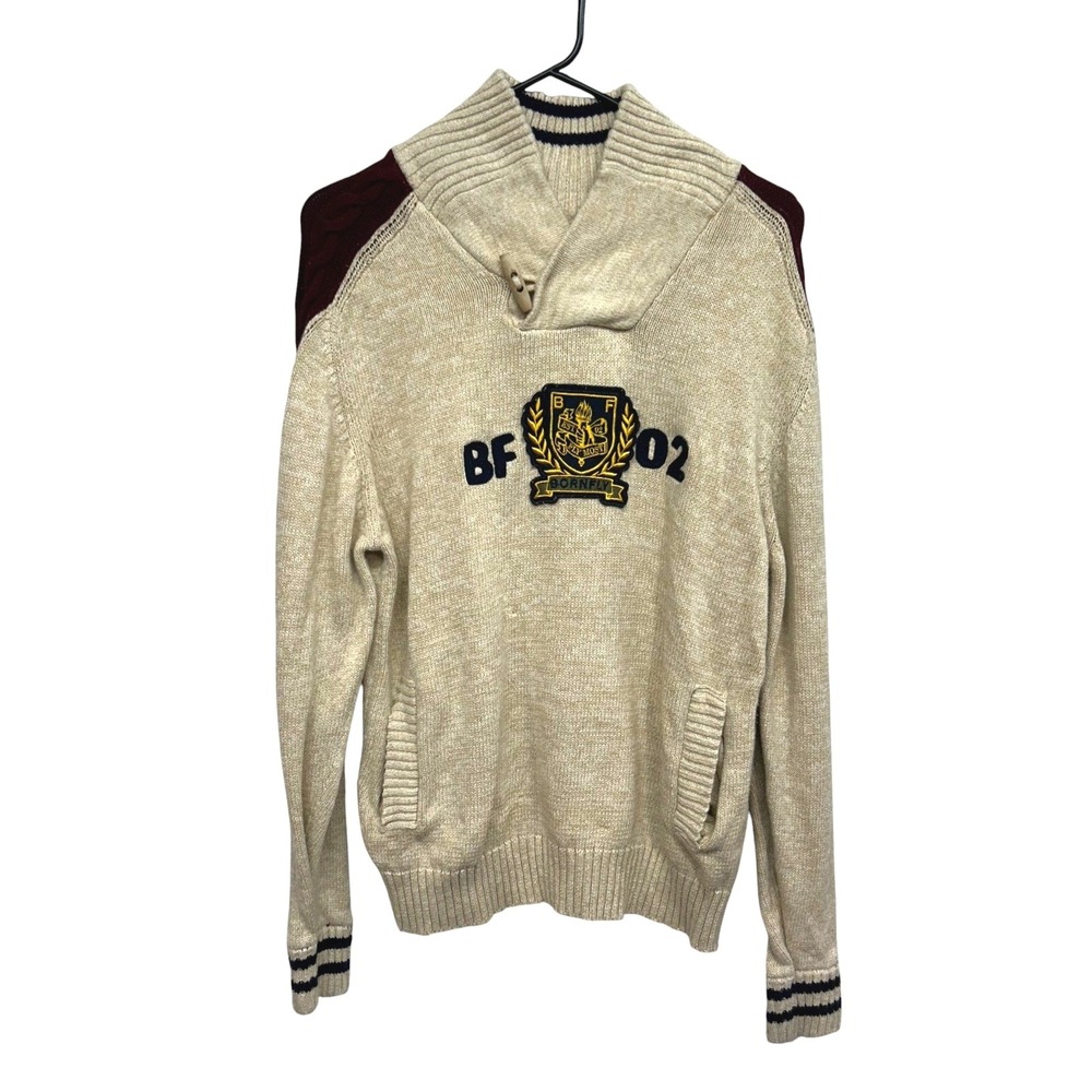 Born Fly Shawl Collar Sweater L‎ Beige Burgundy Knit Y2K Retro Streetwear Fall